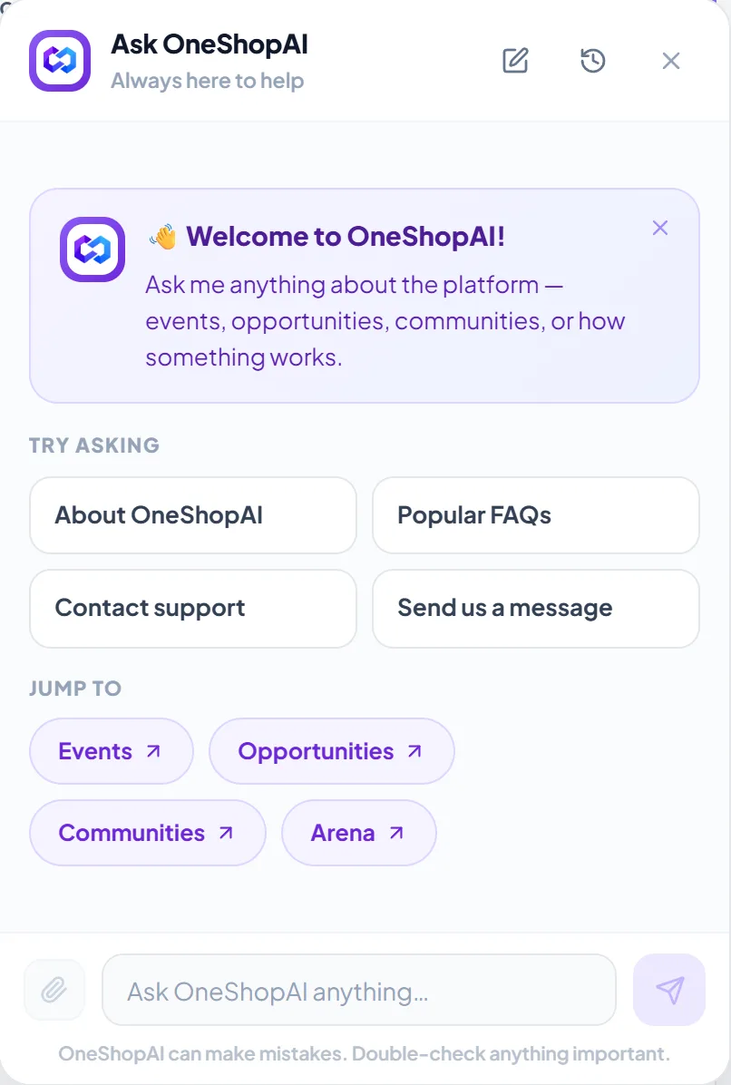 The Ask OneShopAI assistant panel with suggested questions and shortcuts to Events, Opportunities, Communities and Arena