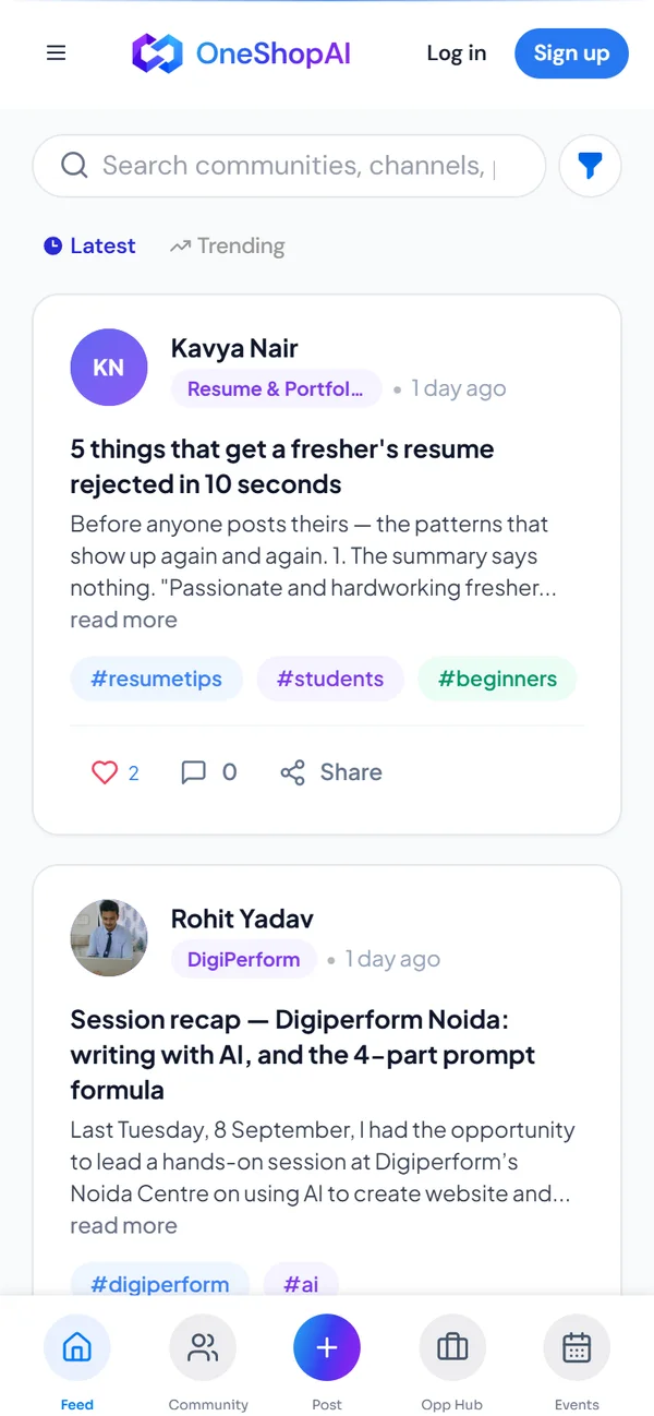 The OneShopAI feed on a phone, showing the latest community posts