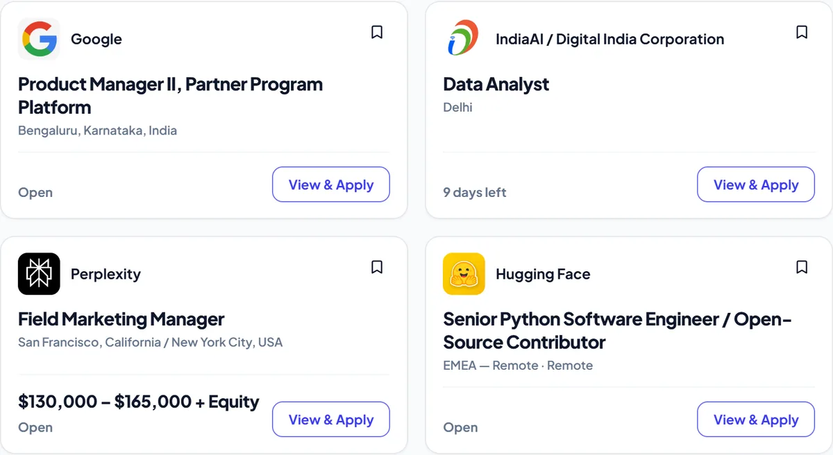 Opportunity Hub listings from Google, IndiaAI, Perplexity and Hugging Face