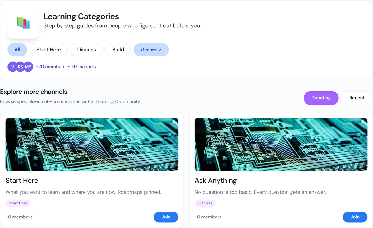 The Learning community page with its Start Here and Ask Anything channels