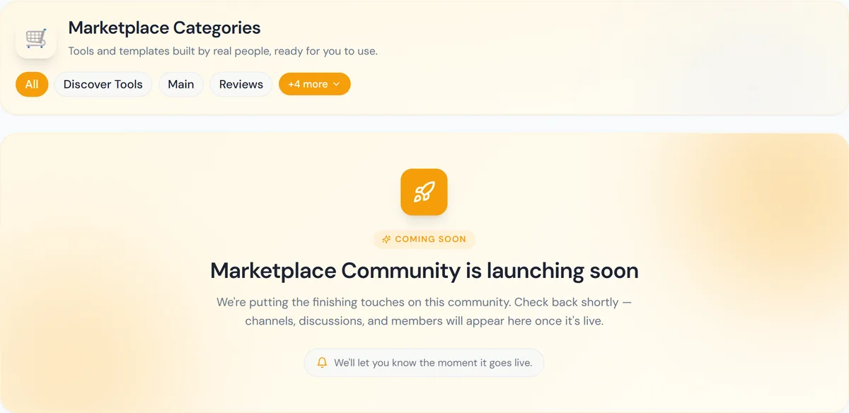 The Marketplace community page announcing that it is launching soon